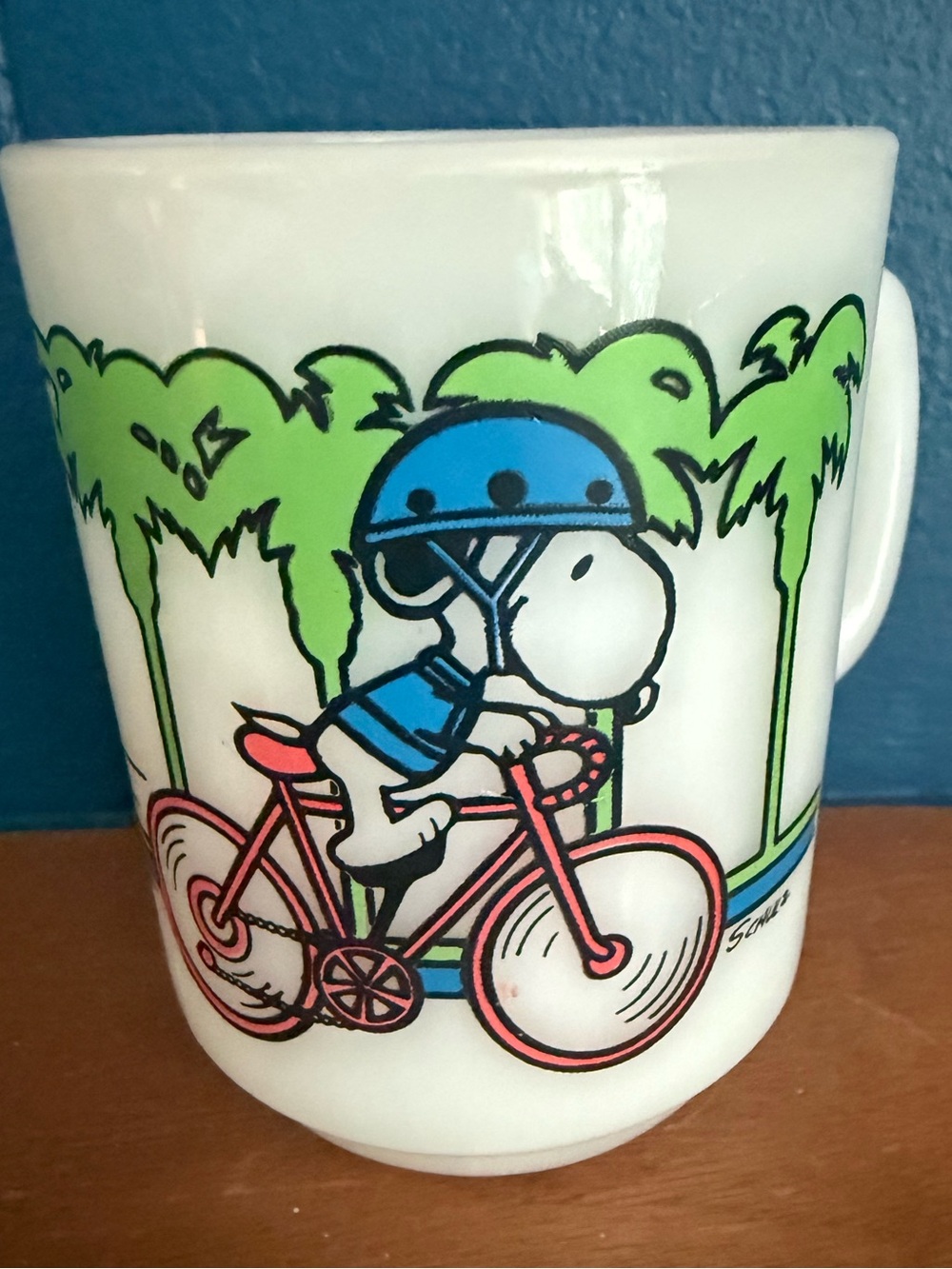 Peanuts Snoopy Pedal Power Bicycle Milk Glass Mug